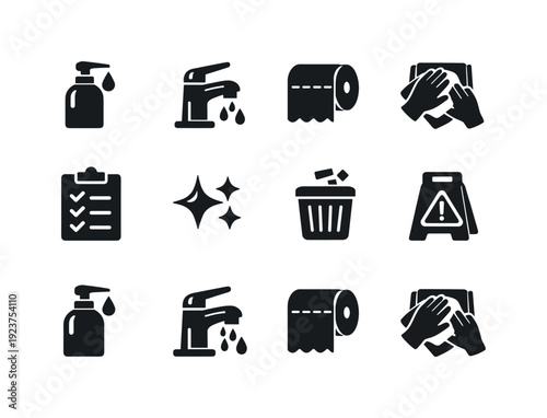 Bathroom hygiene practices. Filled icon set of Bathroom hygiene practices: soap dispenser,