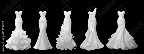 set of wedding dresses vector illustration isolated on black background 