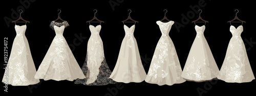 set of wedding dresses vector illustration isolated on black background 