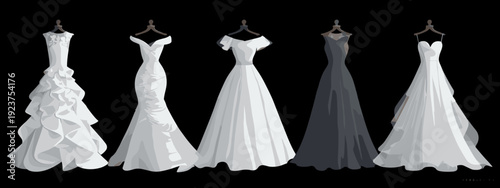 set of wedding dresses vector illustration isolated on black background 