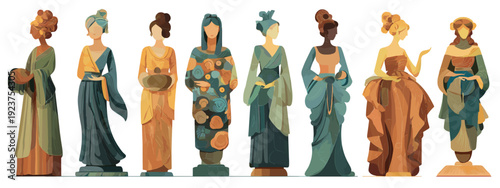 set of women in antique style flat style vector illustration isolated on white background