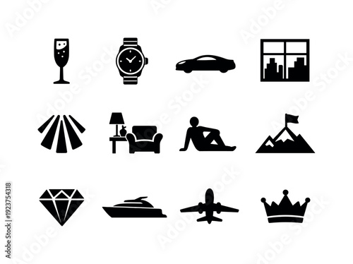 Luxury lifestyle photography. Filled icon set of Luxury lifestyle photography: champagne