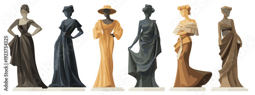 set of women in antique style flat style vector illustration isolated on white background