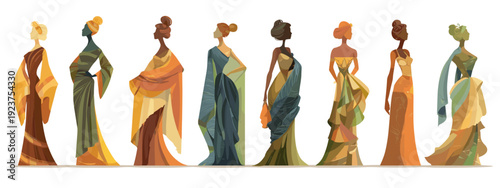 set of women in antique style flat style vector illustration isolated on white background