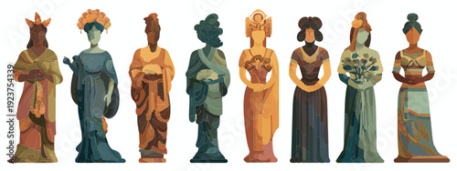 set of women in antique style flat style vector illustration isolated on white background