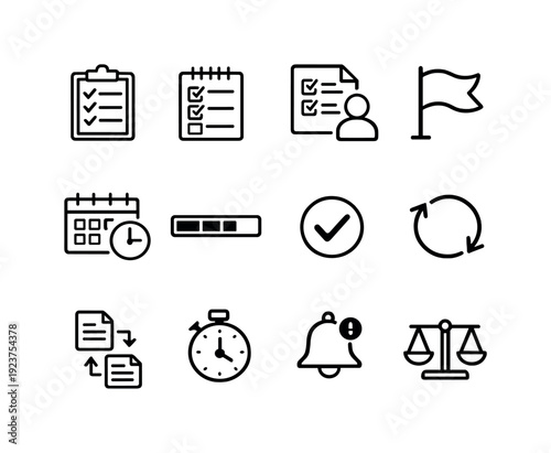 Task Management. Line outline icon set of Task Management: task checklist, to do list, task