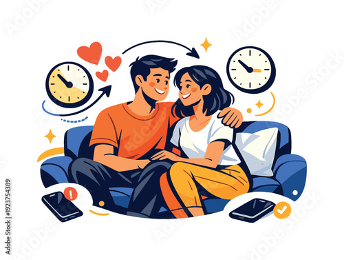 The importance of quality time in relationships. Couple sitting together on a sofa, phones
