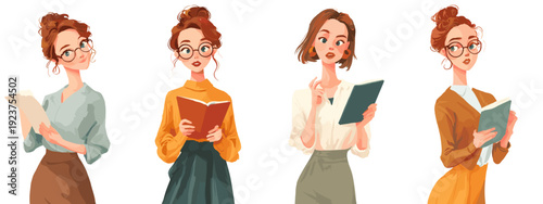 set of cartoon style girl flat vector illustration isolated on white background