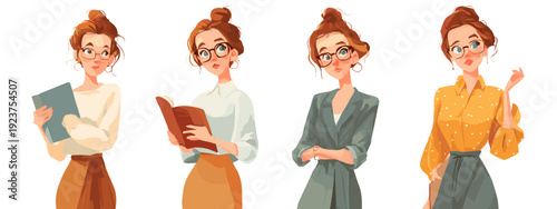 set of cartoon style girl flat vector illustration isolated on white background