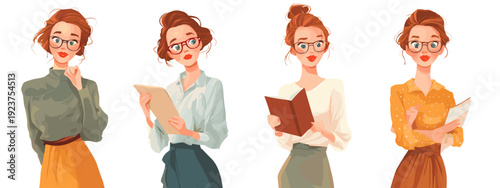 set of cartoon style girl flat vector illustration isolated on white background