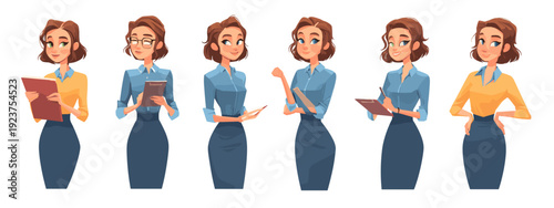 set of cartoon style girl flat vector illustration isolated on white background