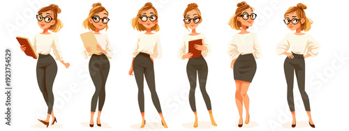 set of cartoon style girl flat vector illustration isolated on white background