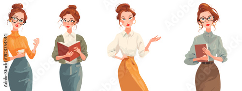 set of cartoon style girl flat vector illustration isolated on white background