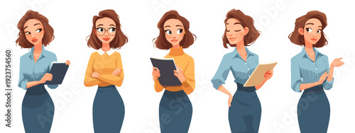 set of cartoon style girl flat vector illustration isolated on white background