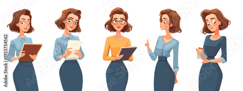 set of cartoon style girl flat vector illustration isolated on white background