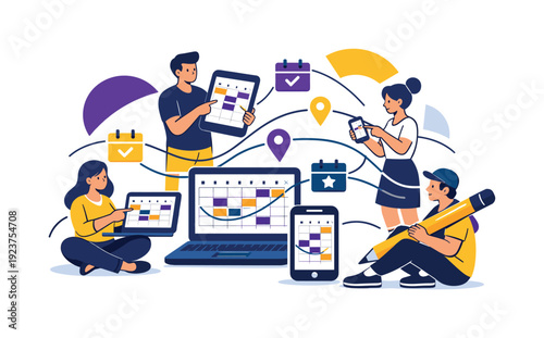 Event coordination. Multiple devices showing synced calendars, lines connecting events