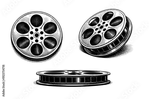 Film reel shown as a classic analog cinema reel presented in orthographic top view, dynamic perspective view, and side-on profile view with