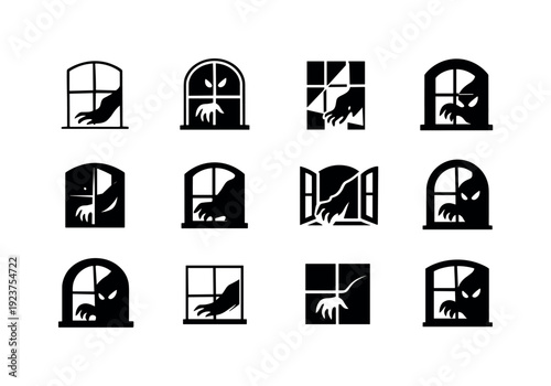 Collection of spooky monster and creature icons peeking through windows