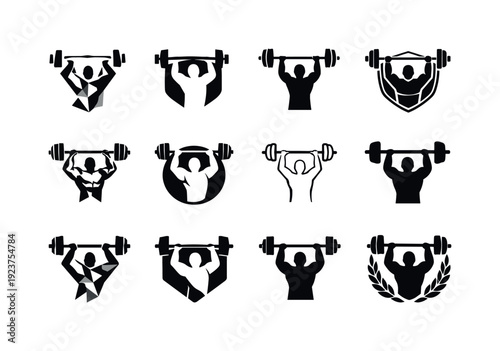 Collection of diverse weightlifting icons and logos featuring athletic figures lifting barbells