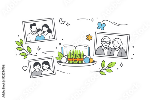 Nowruz family photo traditions. Abstract symbolic composition with photo frames, spring leaves, and gentle decorative shapes floating softly.