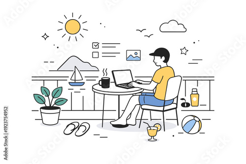 Work-from-anywhere summer lifestyle. Morning remote work scene with a person on a balcony, laptop open and sunlight filling the space. Soft