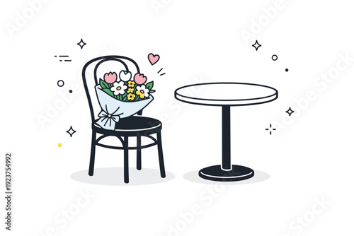 Bouquets resting on seats. Flowers placed on a cafe chair indoors, table nearby but empty. Absence, pause, and understated narrative.
