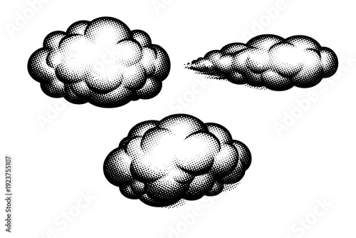 Comic explosion cloud sound effect shape with irregular rounded edges shown from front view, side view, and three-quarter view as a single object set with