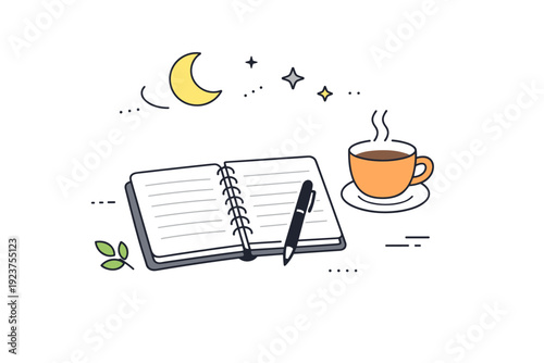 Evening daily reflection. A quiet desk scene shows a notebook, pen, and a warm cup nearby, suggesting closure and calm review of the day. The