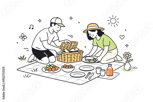 Outdoor Picnic Bliss. Picnic baskets and outdoor dining. A couple arranging a picnic basket and blanket on the grass, preparing food together. Relaxed outdoor