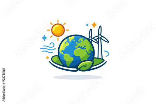 Save the planet concept illustrated through a compact badge with the Earth, sun, and small wind elements suggesting balance between nature
