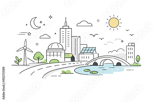 Tranquil Post-Human Cityscape. Post-human city calm scenes. Abstract cityscape with buildings, roads, and soft environmental symbols, no human presence. Visual