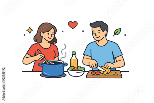 Couple cooking dinner together in the kitchen shown through two figures stirring and chopping with gentle smiles, conveying connection, cooperation and a