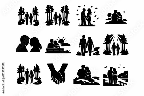 Couple in Nature. Solid icon set of Couple in Nature: couple walking hand in hand, forest path, tall trees, leaves falling, shared moment