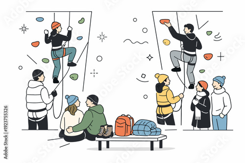 Indoor climbing gyms winter crowds. A clean editorial scene showing climbers on walls with harnesses and ropes, spectators or friends