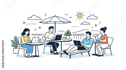 Summer coworking terraces. Professionals working on laptops at an open-air terrace, sunlight and fresh air around. Relaxed focus