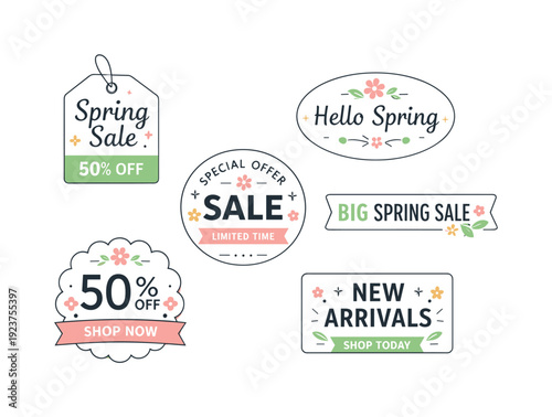 Spring sale tag set. A small collection of coordinated tags and badges with floral hints and soft pastel accents, ready for ecommerce or