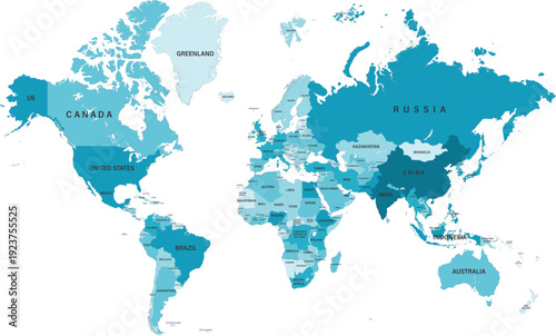 Detailed World map with border states and country isolated on white 