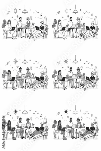 Coworking spaces with summer vibes. Remote workers in a coworking lounge, light clothing and casual posture, gentle warmth