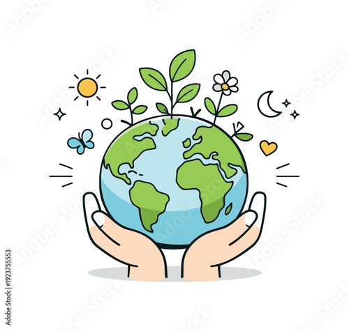 Earth Day sustainability concept. Abstract Earth with plants growing from it and small hands supporting it, symbolizing protection and