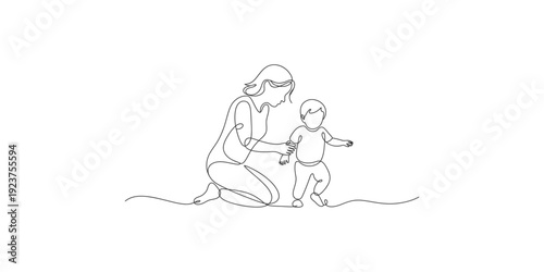 Minimalist continuous line drawing depicting a mother supporting her child learning to take first steps