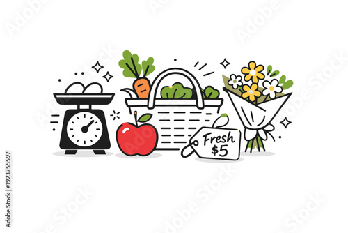 Spring farmers market. Abstract composition of market icons: scale, basket, apple, flower bouquet, handwritten price tag. Clean and decorative visual kit for
