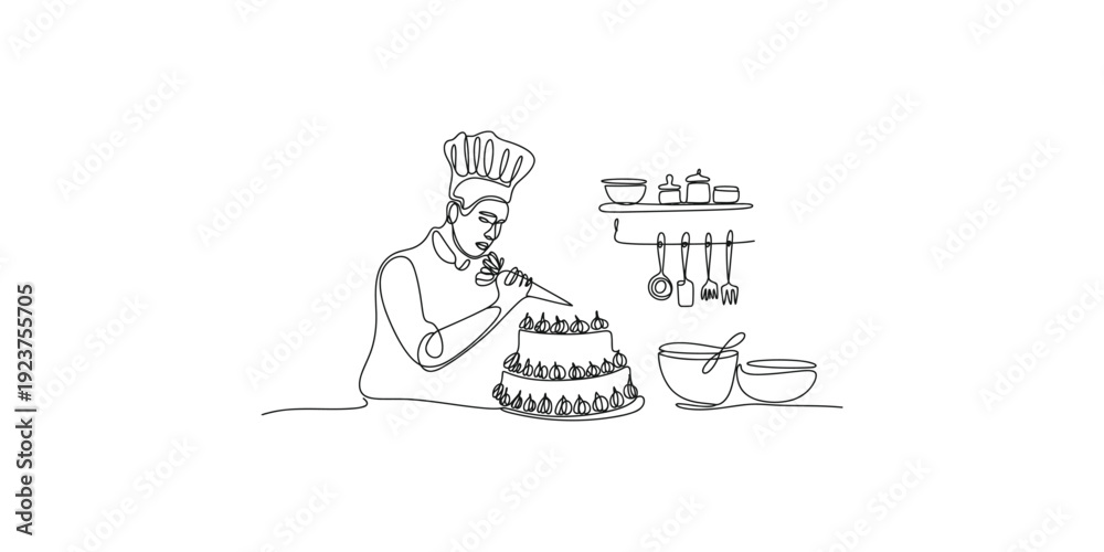 Obraz premium A line art illustration of a chef decorating a three-tiered celebration cake in a kitchen