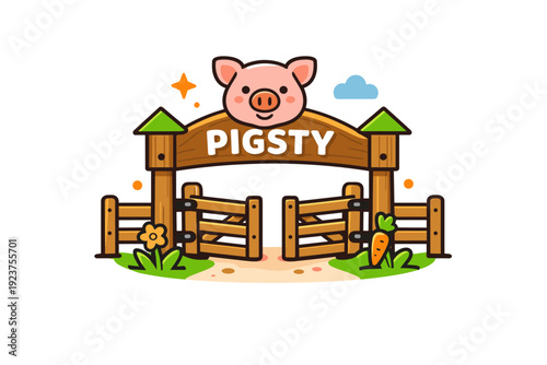 Pigsty Gate Icon. Countryside pigsty entrance symbolic gate with tidy fence boards and a friendly pig face icon expressing easygoing rural work and sustainable