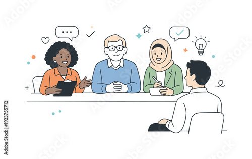 Interview with diverse panel. Multiple interviewers of varied backgrounds engaging kindly with a candidate. Representation, openness, calm