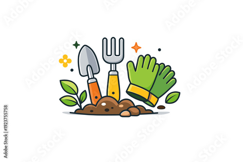 Spring gardening tools a small set of hand tools neatly arranged with fresh leaves and soil accents, expressing readiness, care and the joy of seasonal work. A