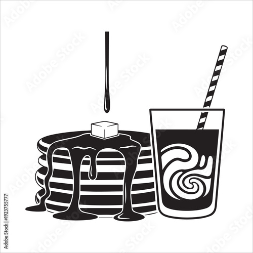 Stack of Pancakes with Syrup and Butter, and a Refreshing Drink with Straw