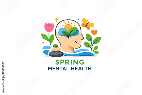 Spring mental health abstract editorial badge with smooth botanical forms and calm symbols, communicating hope, stability, and a positive mental state inspired