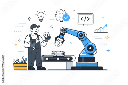 Modern industrial workplace. A mechanic and machine work together in a clean, organized factory space with abstract technical icons. The