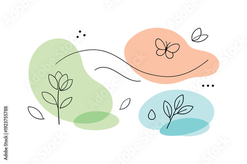 Organic spring abstraction. Smooth shapes inspired by nature softly interacting in a calm visual flow. Peaceful, modern, and elegant seasonal