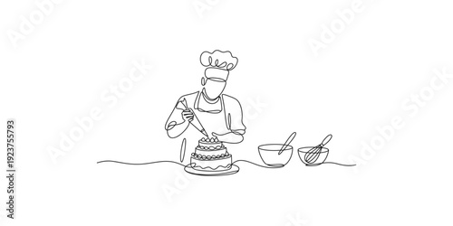 A minimalist line art illustration of a chef decorating a cake with a piping bag and other tools